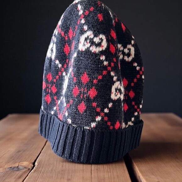 GUCCI 
Knit GG Monogram Diamante Beanie Hat Black - Picture 3 of 4